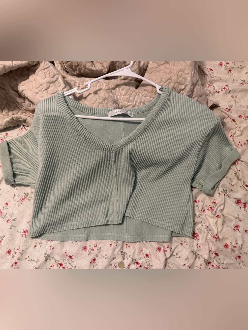 Altar'd State Light Sage Ribbed V-Neck Crop Sweater